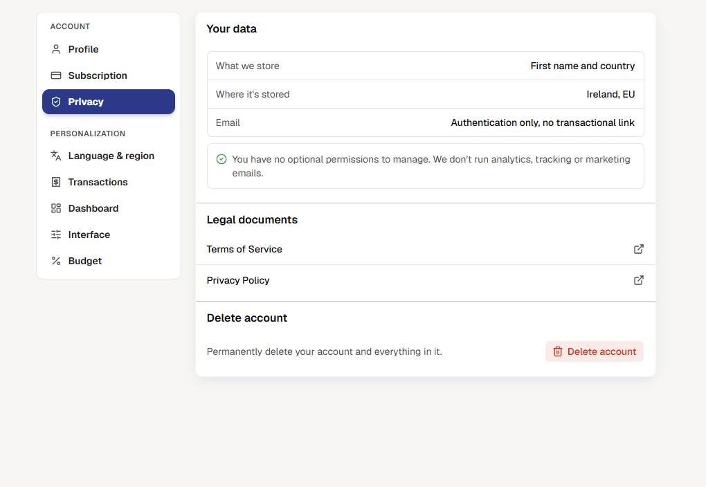 Bee Balance privacy settings: what data is stored, no analytics or tracking, links to the legal documents, and the option to delete your account.
