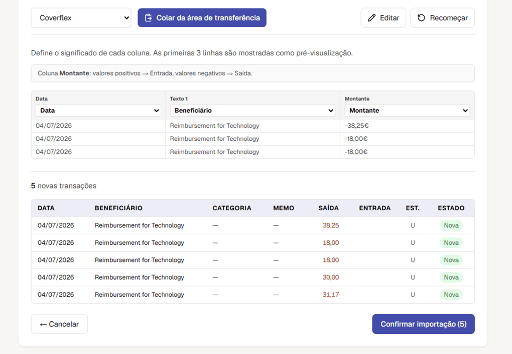 La pantalla de importación Smart Paste de Bee Balance, con transacciones pegadas reconocidas y listas para guardar.