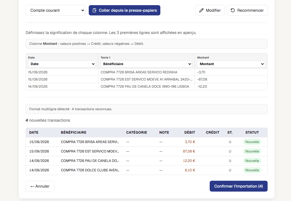 L'écran d'import Smart Paste de Bee Balance, avec des transactions collées reconnues et prêtes à être enregistrées.