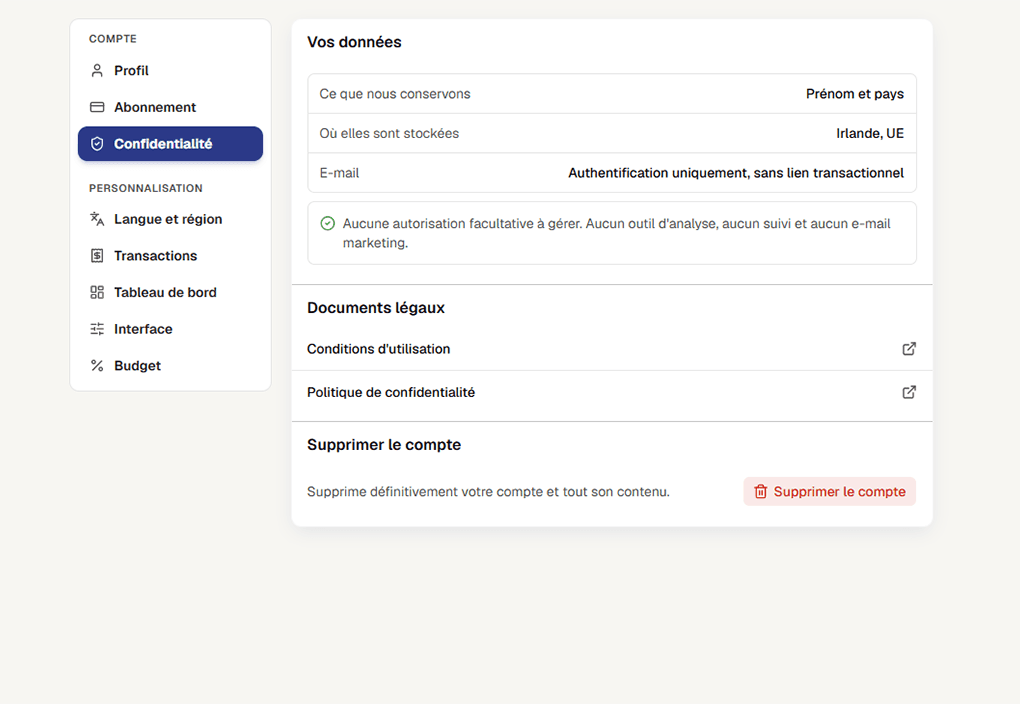Paramètres de confidentialité de Bee Balance : les données conservées, aucun suivi ni analytics, les documents légaux et la possibilité de supprimer votre compte.
