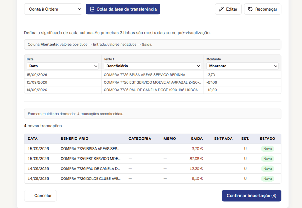 O ecrã de importação Smart Paste do Bee Balance, com transações coladas reconhecidas e prontas a guardar.