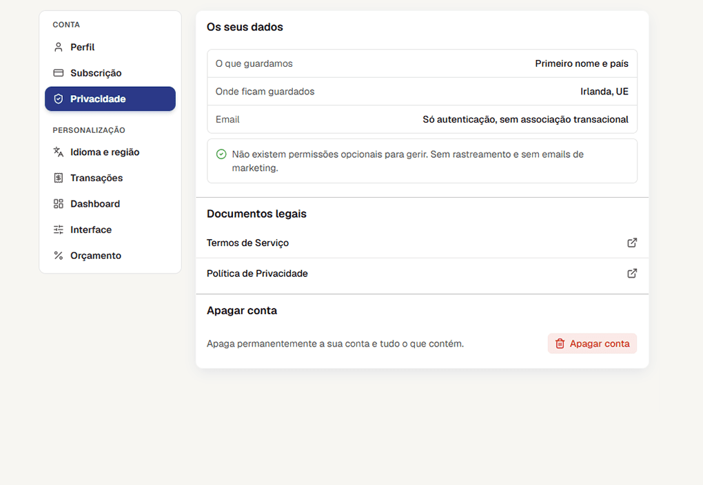 Definições de privacidade do Bee Balance: que dados são guardados, sem rastreamento nem analytics, acesso aos documentos legais e a opção de apagar a conta.
